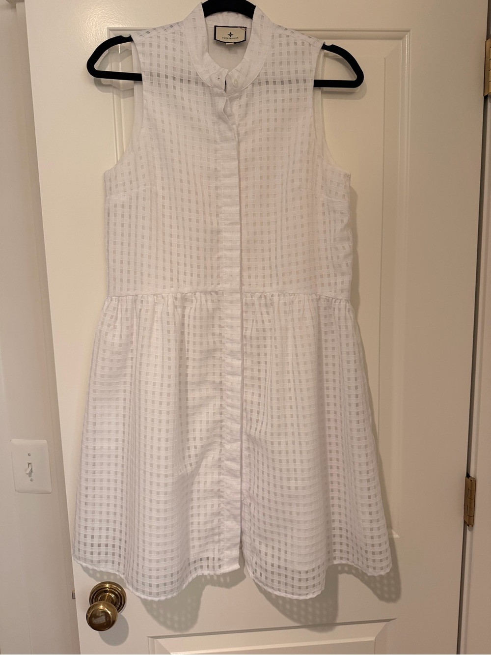Tuckernuck White Sleeveless Button-Front Checkered Eyelet Dress